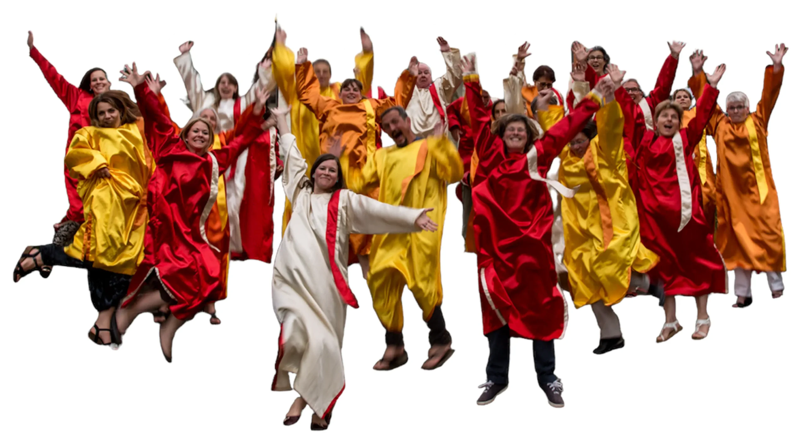 Der Gospelchor Spirit Lighthouse springt fröhlich in seinen farbigen Gewändern